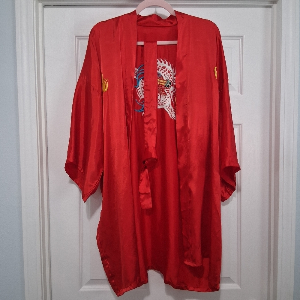 Vintage Red Dragon Kimono Robe Embroidery And Waist Tie